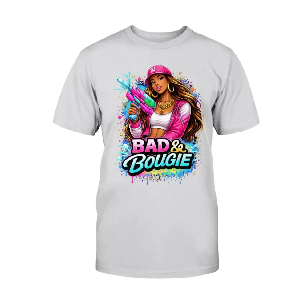 Bad & Bougie Energy graphic T-shirt featuring an urban baddie holding a water gun with colorful street art splash design on a tee