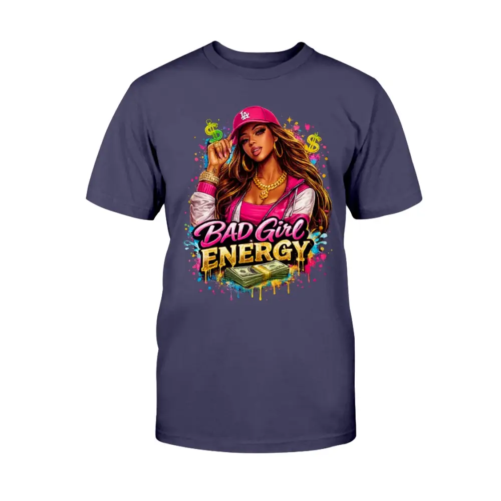 Bad Girl Energy graphic t-shirt with urban boss girl illustration, pink cap, gold jewelry, and cash design on purple tee