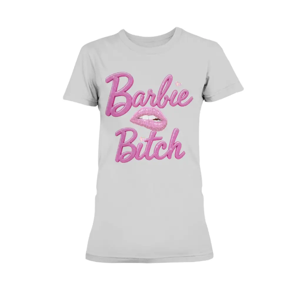 “Ash Gray women’s t-shirt with pink glitter ‘Barbie Bitch’ graphic and sparkly lips design.”