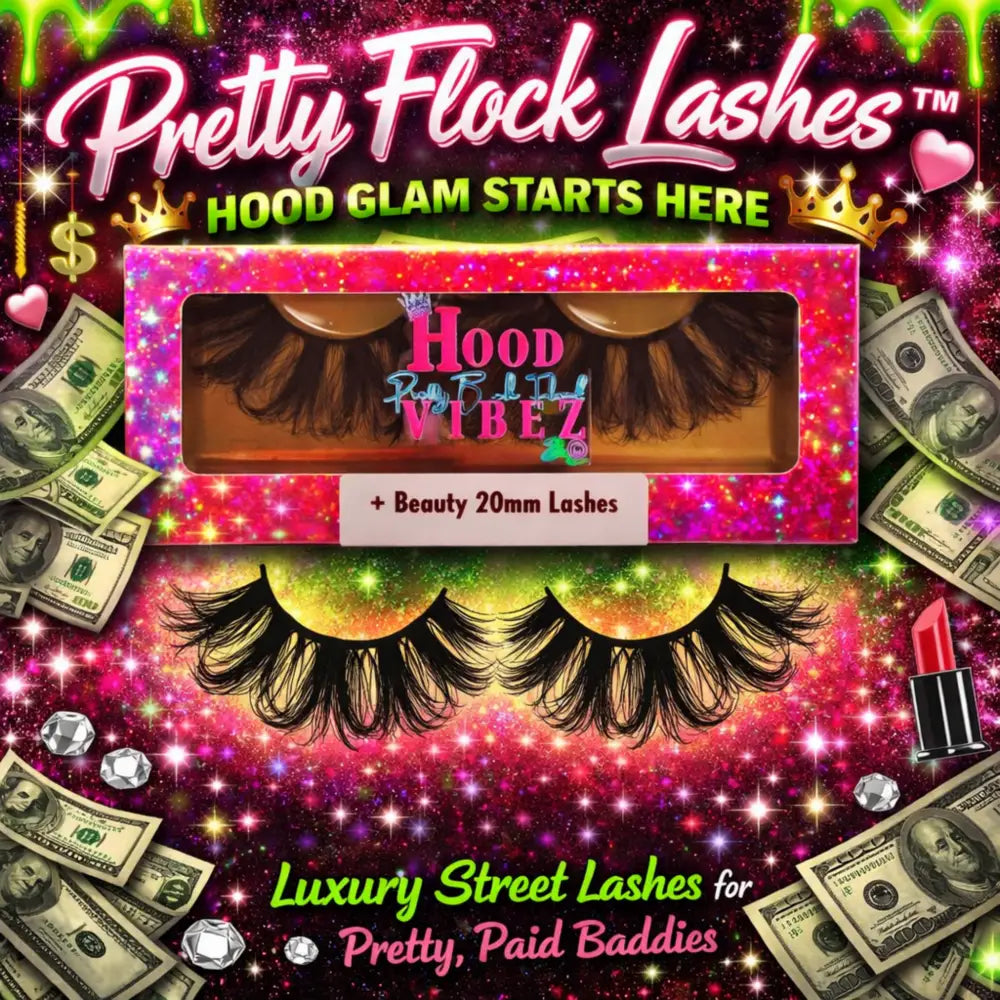 Beauty 20mm Wispy False Lashes by Pretty Flock Lashes — soft glam luxury strip lashes with fluffy layered volume in Hood Vibez Pretty Bitch Flock packaging