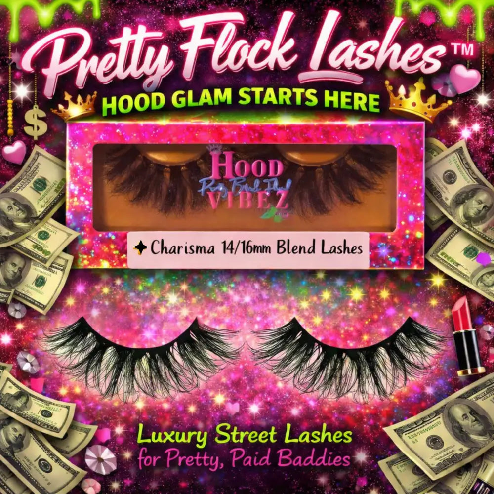 Charisma 14/16mm Blend False Eyelashes by Pretty Flock Lashes™ – wispy blended luxury strip lashes in glitter pink packaging with dramatic flutter volume for full glam makeup looks.
