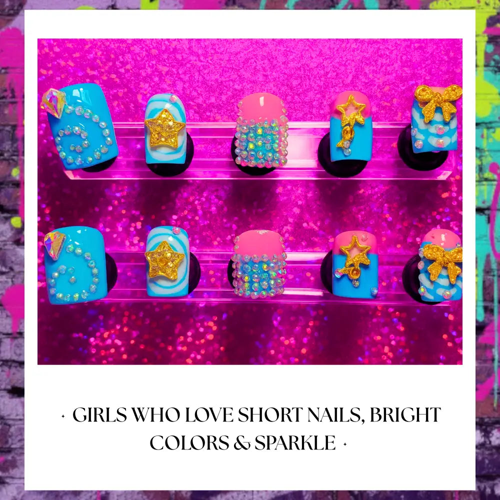 short square shaped aqua lie and white press on nails with rhinestones, golden 3d bows and stars