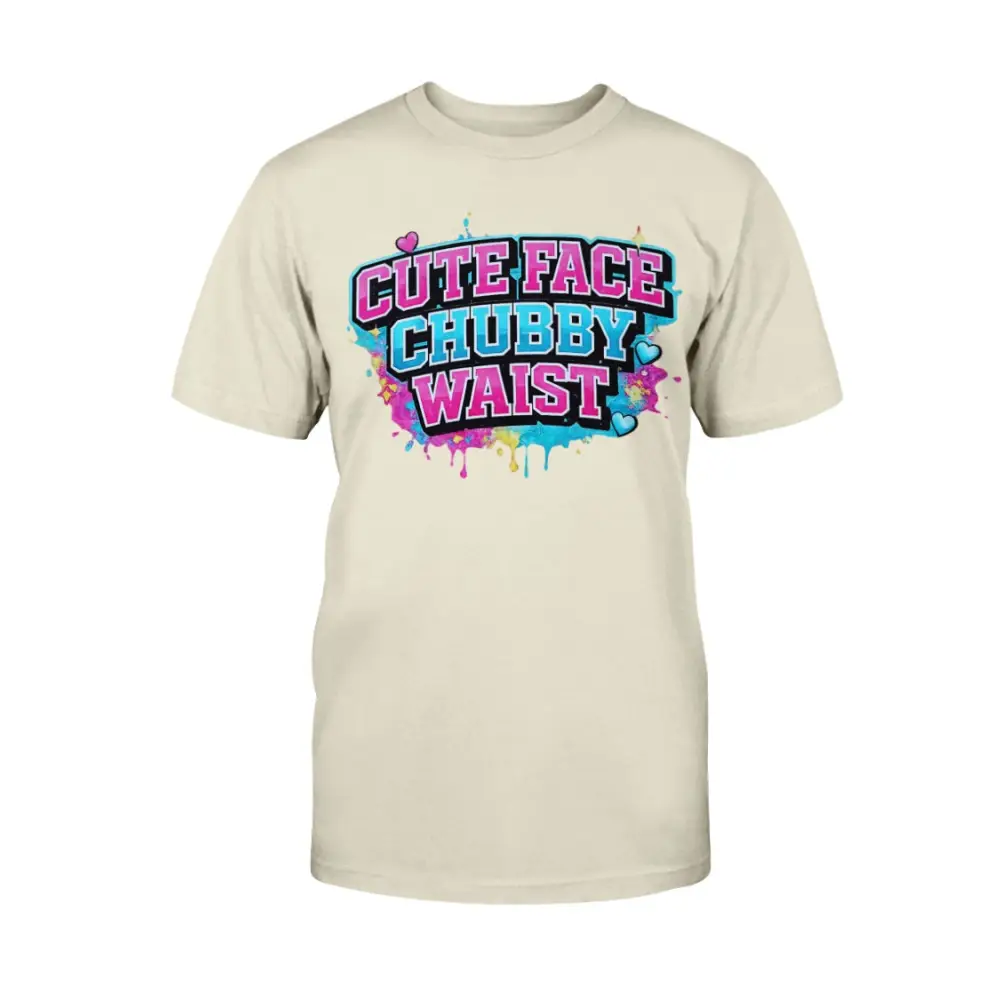Beige t-shirt with colorful text design on a white background