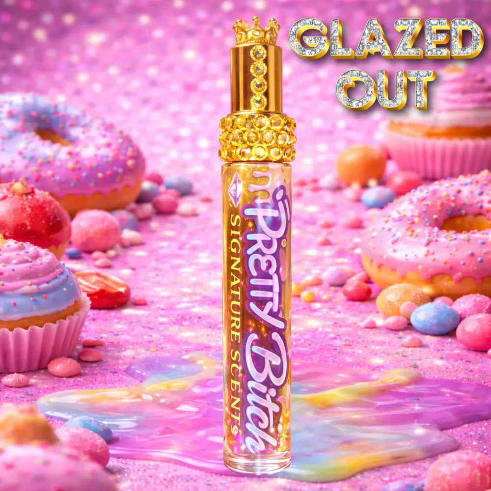 Glazed Out Signature Body Spray by Hood Vibez Pretty Bitch Flock, sweet bakery scented body mist with rhinestone bottle, dessert fragrance inspired by cupcakes, donuts, and vanilla glaze.