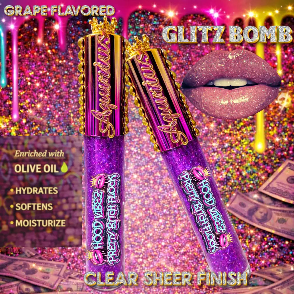 Purple lip gloss with gold accents on a glittery background, labeled 'Aquarius' and 'Pretty Rich N' Rich'.
