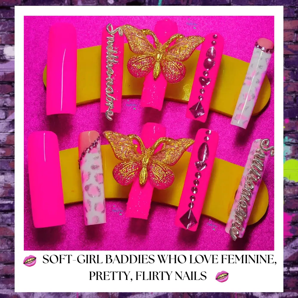 long length square shaped hot pink press on nails with pink and white leopard print accent nails and big 3d hot pink and clear butterfly accent