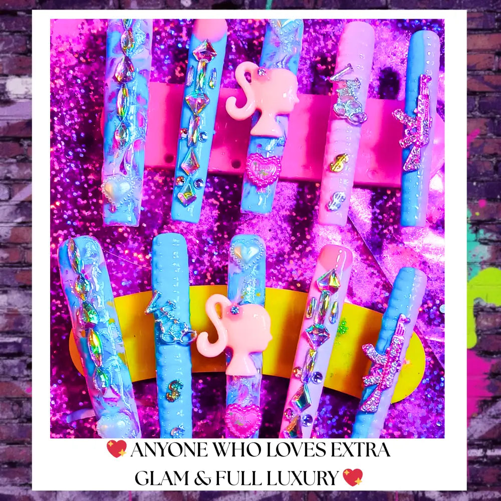 “Extra-long press on nails with sparkle , handcrafted rhinestone accents, and glossy gradient finish displayed on pink glitter background. Luxury reusable square nails for glam looks, baddie aesthetic, summer nail trends, nude press on nails, long drip nail art, salon-quality press on nails, Hood Vibez Pretty Bitch Flock brand.”