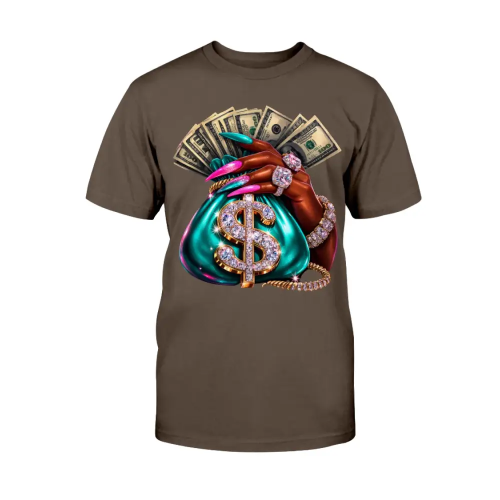 money bag drip graphic tee with cash stack, long nails and diamond jewelry design, women streetwear statement shirt by Hood Vibez Pretty Bitch Flock