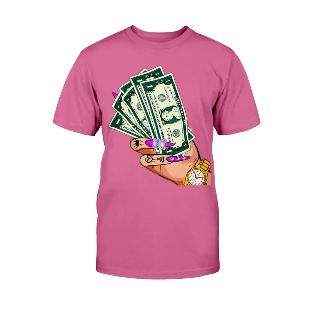 Pink t-shirt with a graphic of money and a hand holding a watch on a white background