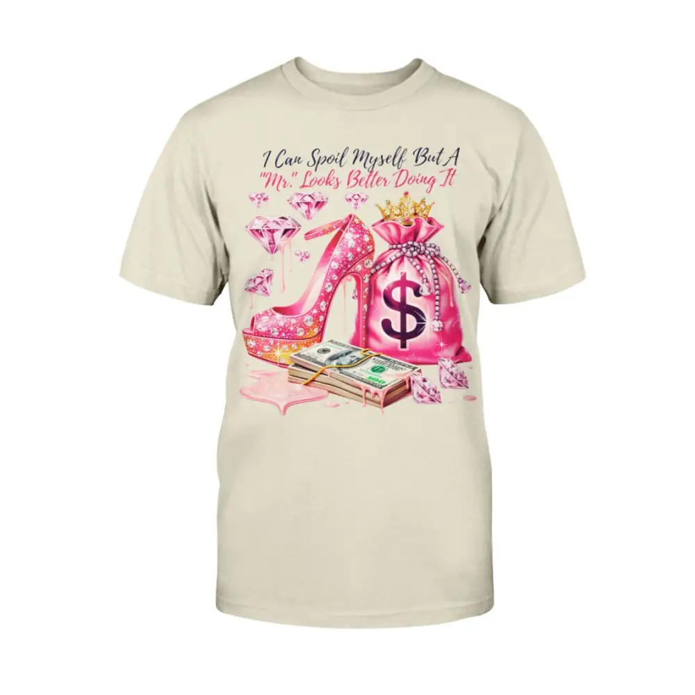 Mr Spoil Me graphic tee with pink high heel, diamonds, and money bag design, glam women’s statement t-shirt by Hood Vibez Pretty Bitch Flock