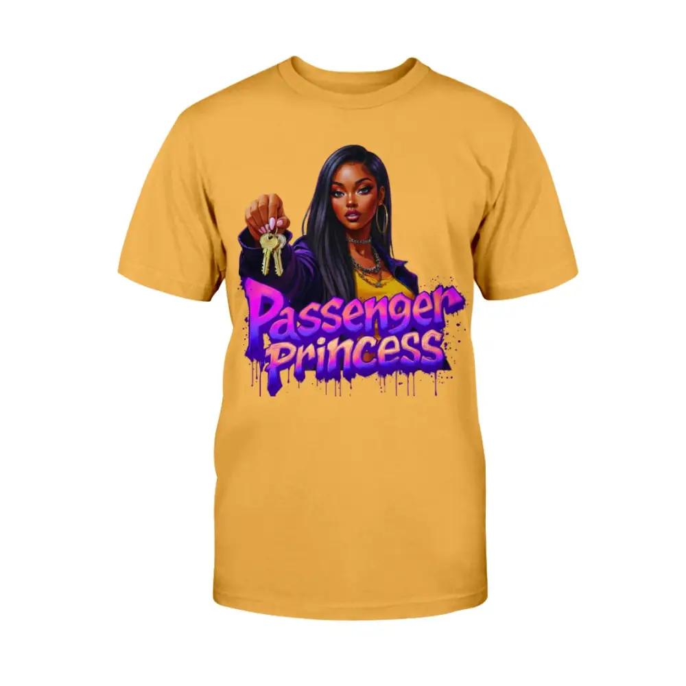 “Passenger Princess™ graphic t-shirt by Hood Vibez Pretty Bitch Flock featuring bold urban streetwear design with confident woman illustration holding car keys, trendy women’s statement tee, golden fashion graphic shirt.” orange