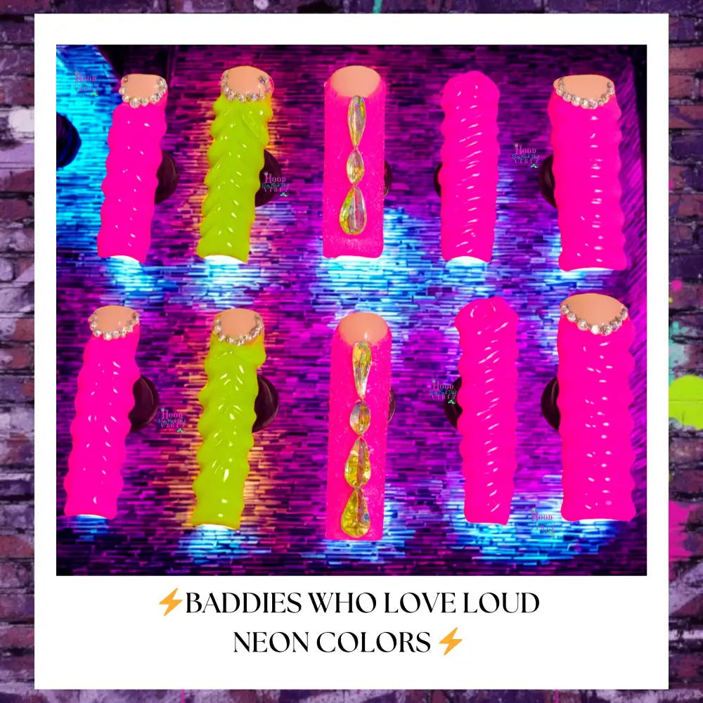 Glow in the dark Pink & neon green neon press on nails with swirl texture manicured styled rhinestone press on nails long length square shape press on nails