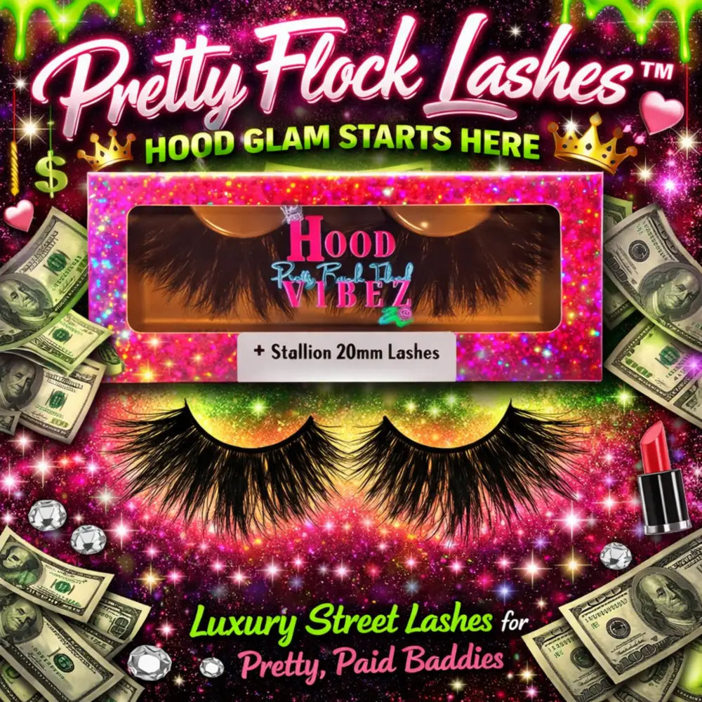 Stallion 20mm bold wispy false lashes by Pretty Flock Lashes in Hood Vibez Pretty Bitch Flock packaging — dramatic layered luxury strip lashes