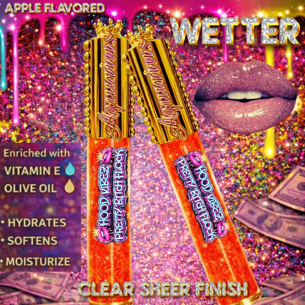 Two PINK glitter-infused lip gloss tubes with gold caps displayed on an urban graffiti night background with cash and diamond accents, showcasing a high-shine, wet-look lip gloss for hydrated, glossy lips.