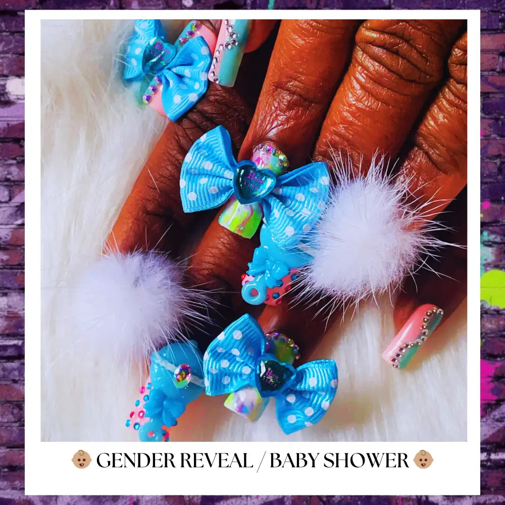 Custom baby shower and gender reveal press on nails featuring blue bow designs, rhinestones, fluffy accents, and pastel details on hands, perfect for celebrating baby boy, baby girl, or surprise reveal themes.