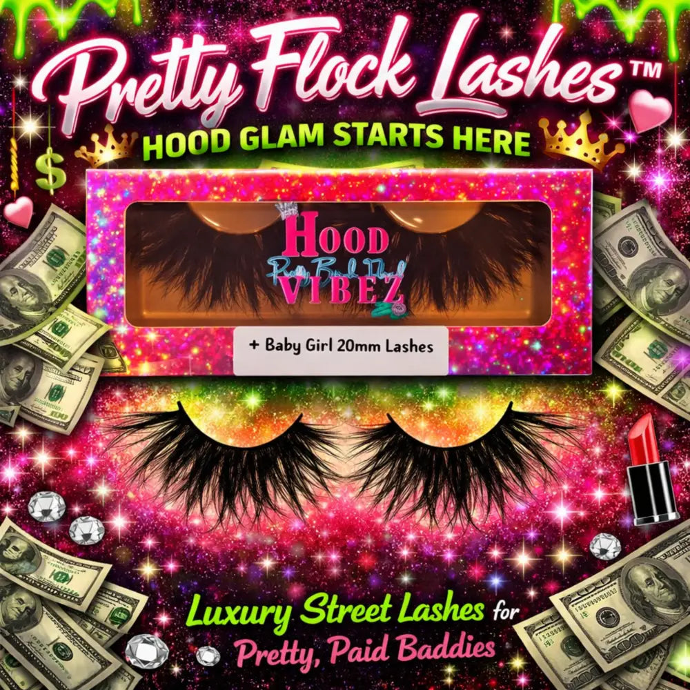 Baby Girl 20mm blend wispy false lashes by Pretty Flock Lashes in Hood Vibez Pretty Bitch Flock glitter packaging — soft glam luxury strip lashes