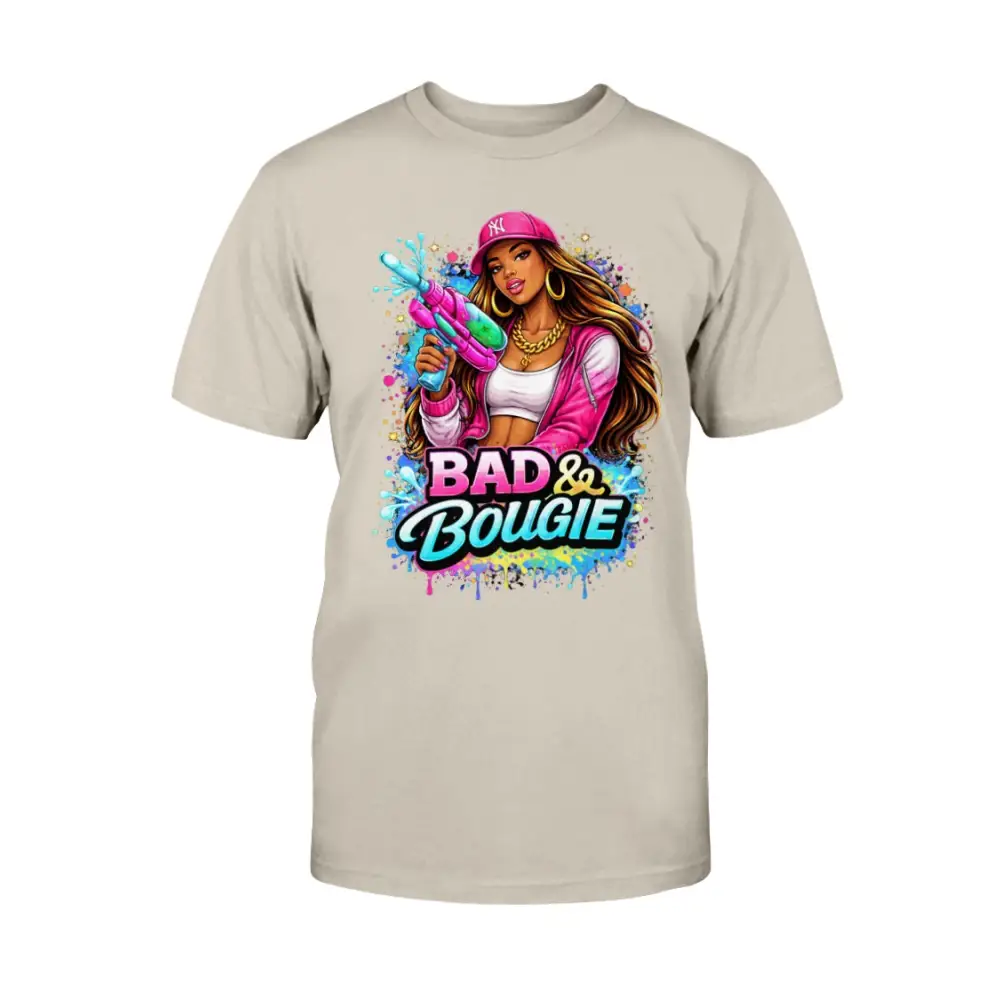 Bad & Bougie Energy graphic T-shirt featuring an urban baddie holding a water gun with colorful street art splash design on a  tee