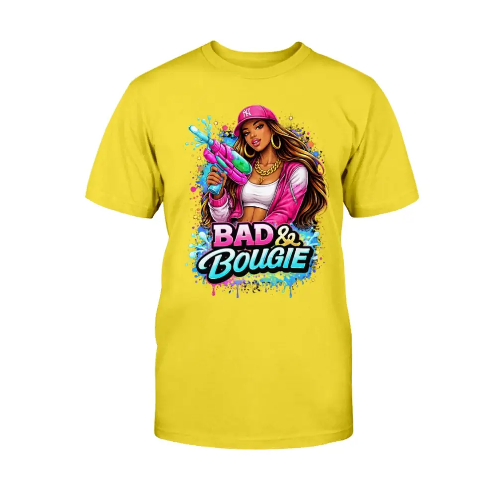 Bad & Bougie Energy graphic T-shirt featuring an urban baddie holding a water gun with colorful street art splash design on a yellow tee