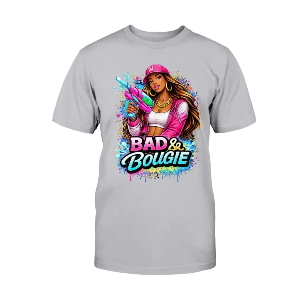 Bad & Bougie Energy graphic T-shirt featuring an urban baddie holding a water gun with colorful street art splash design on a gray tee