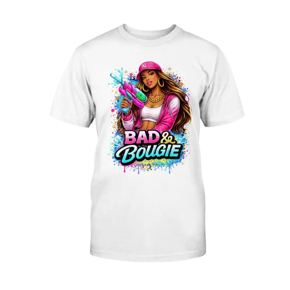 Bad & Bougie Energy graphic T-shirt featuring an urban baddie holding a water gun with colorful street art splash design on a white tee