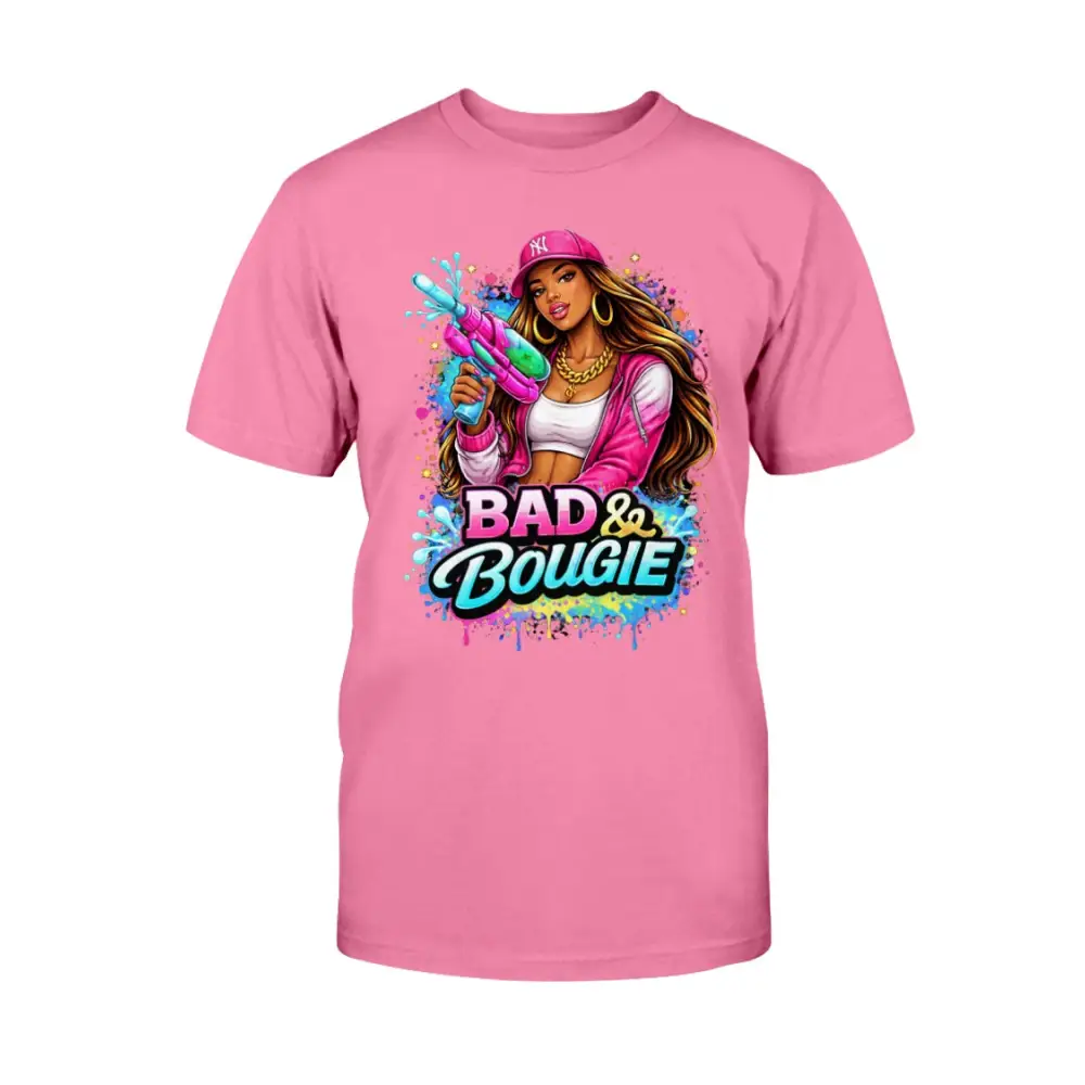 Bad & Bougie Energy graphic T-shirt featuring an urban baddie holding a water gun with colorful street art splash design on a pink tee