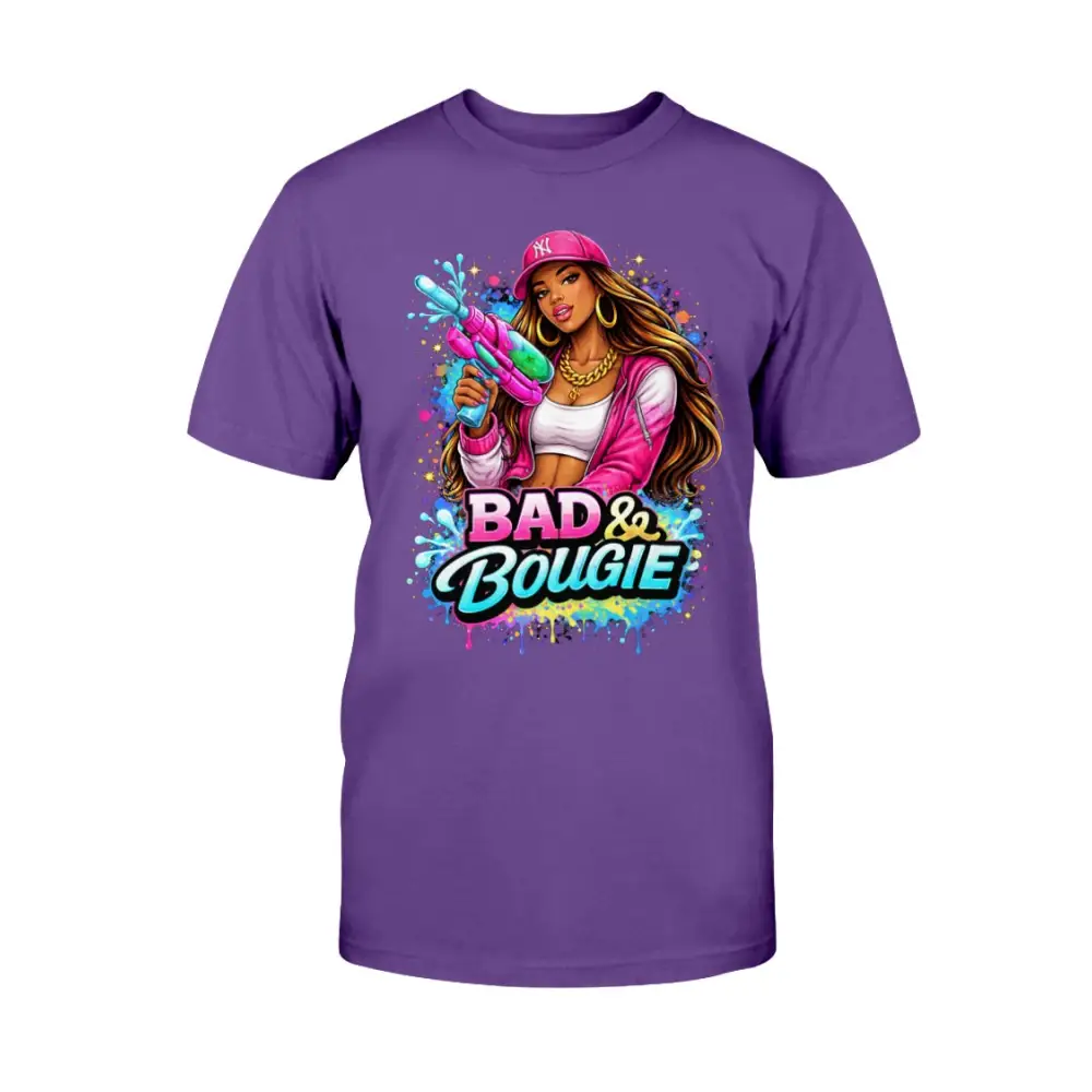 Bad & Bougie Energy graphic T-shirt featuring an urban baddie holding a water gun with colorful street art splash design on a purple tee