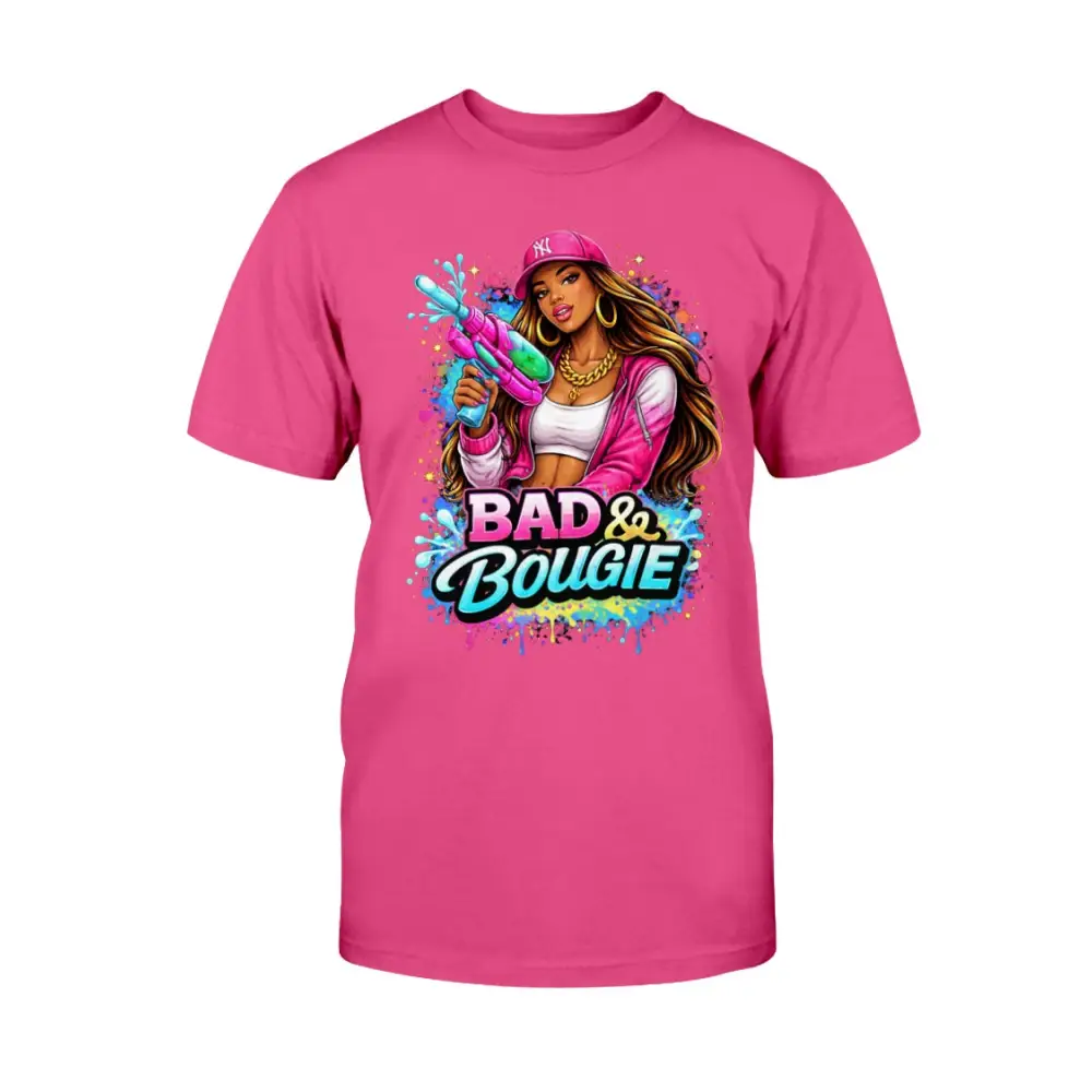Bad & Bougie Energy graphic T-shirt featuring an urban baddie holding a water gun with colorful street art splash design on a pink tee