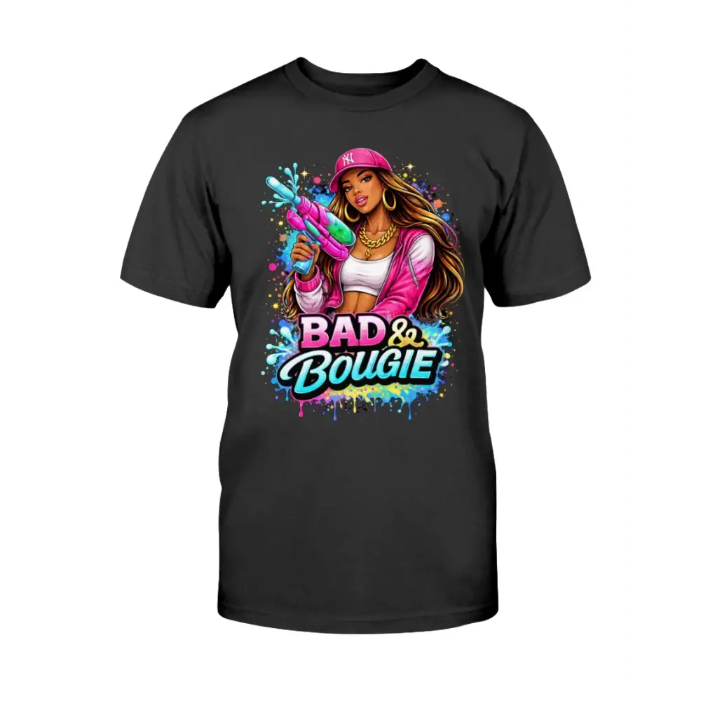 Bad & Bougie Energy graphic T-shirt featuring an urban baddie holding a water gun with colorful street art splash design on a black tee
