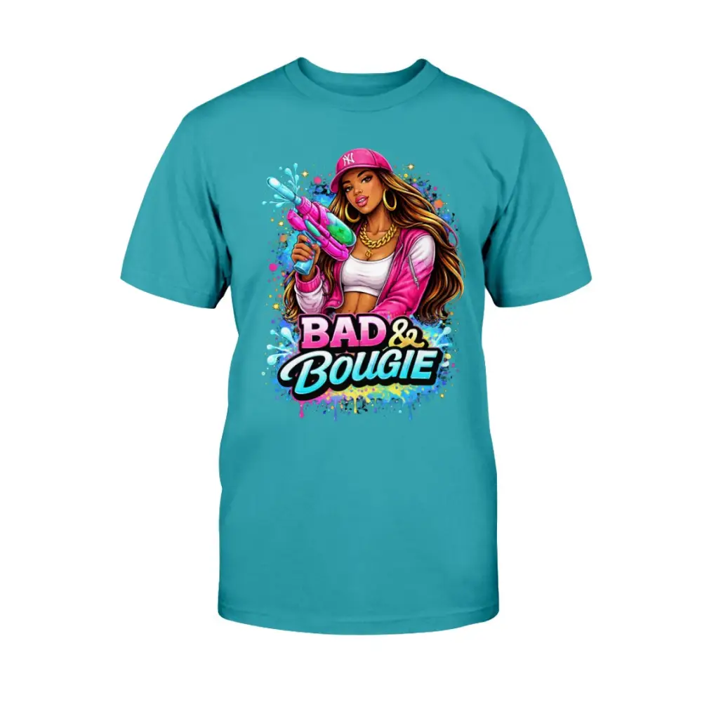 Bad & Bougie Energy graphic T-shirt featuring an urban baddie holding a water gun with colorful street art splash design on a teal tee