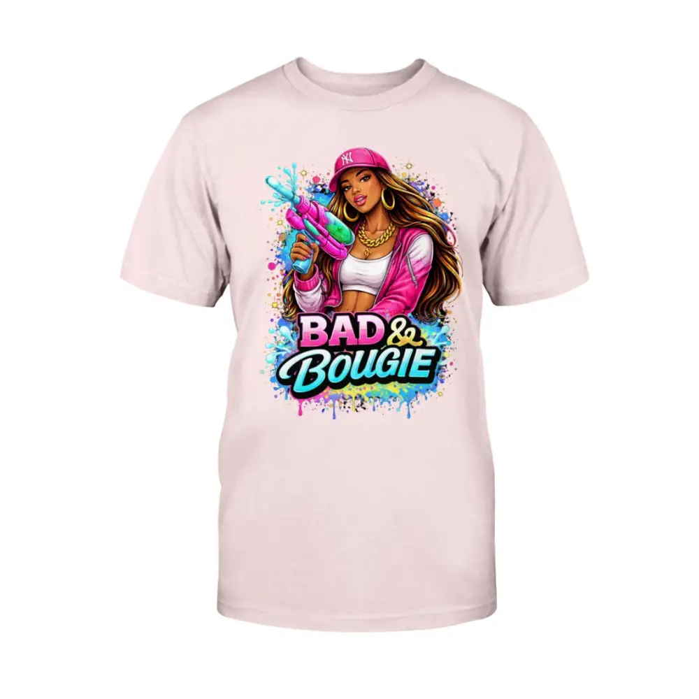 Bad & Bougie Energy graphic T-shirt featuring an urban baddie holding a water gun with colorful street art splash design on a tee