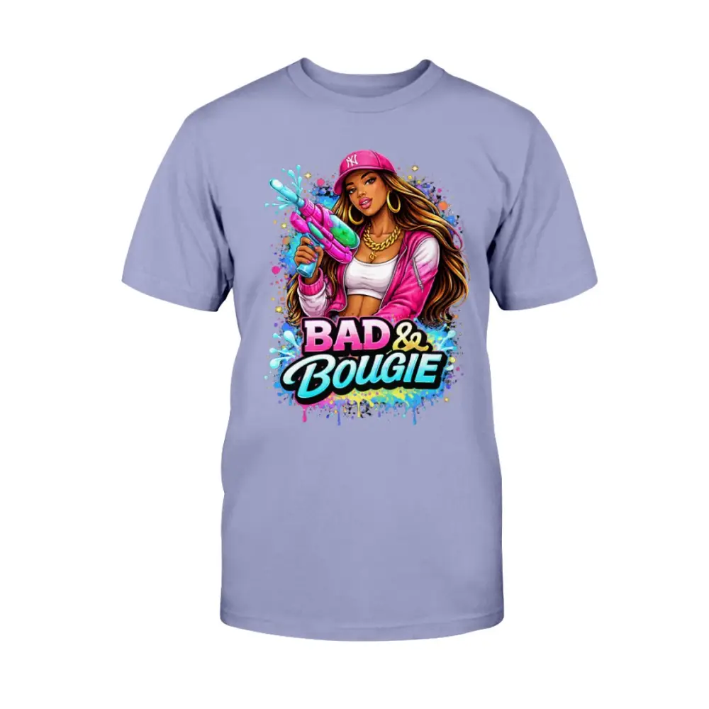 Bad & Bougie Energy graphic T-shirt featuring an urban baddie holding a water gun with colorful street art splash design on a light purple tee