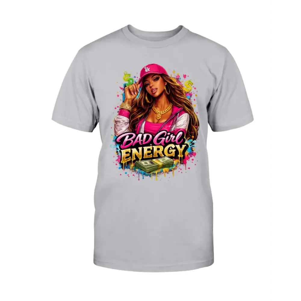 Bad Girl Energy graphic t-shirt with urban boss girl illustration, pink cap, gold jewelry, and cash design on gray tee
