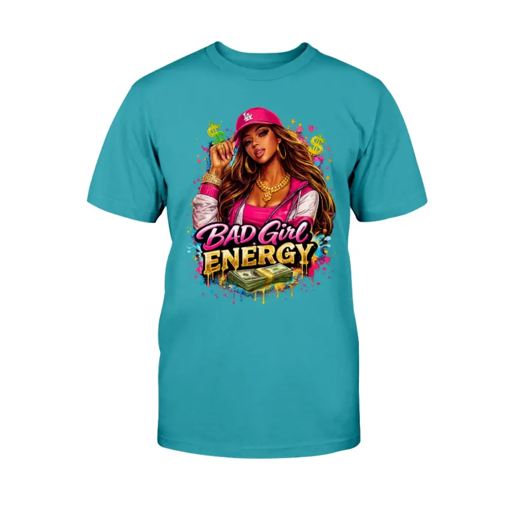Bad Girl Energy graphic t-shirt with urban boss girl illustration, pink cap, gold jewelry, and cash design on  blue tee