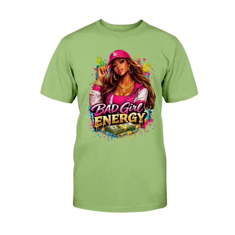Bad Girl Energy graphic t-shirt with urban boss girl illustration, pink cap, gold jewelry, and cash design on lime green tee