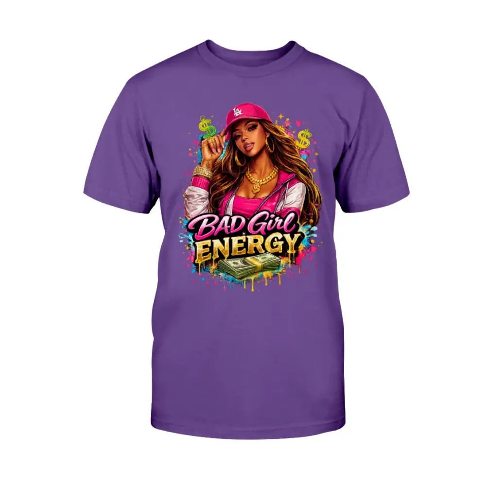 Bad Girl Energy graphic t-shirt with urban boss girl illustration, pink cap, gold jewelry, and cash design on  purple tee