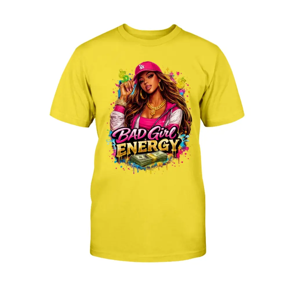 Bad Girl Energy graphic t-shirt with urban boss girl illustration, pink cap, gold jewelry, and cash design on yellow tee