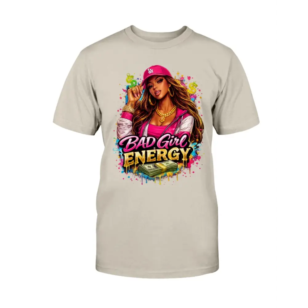 Bad Girl Energy graphic t-shirt with urban boss girl illustration, pink cap, gold jewelry, and cash design on  tan tee