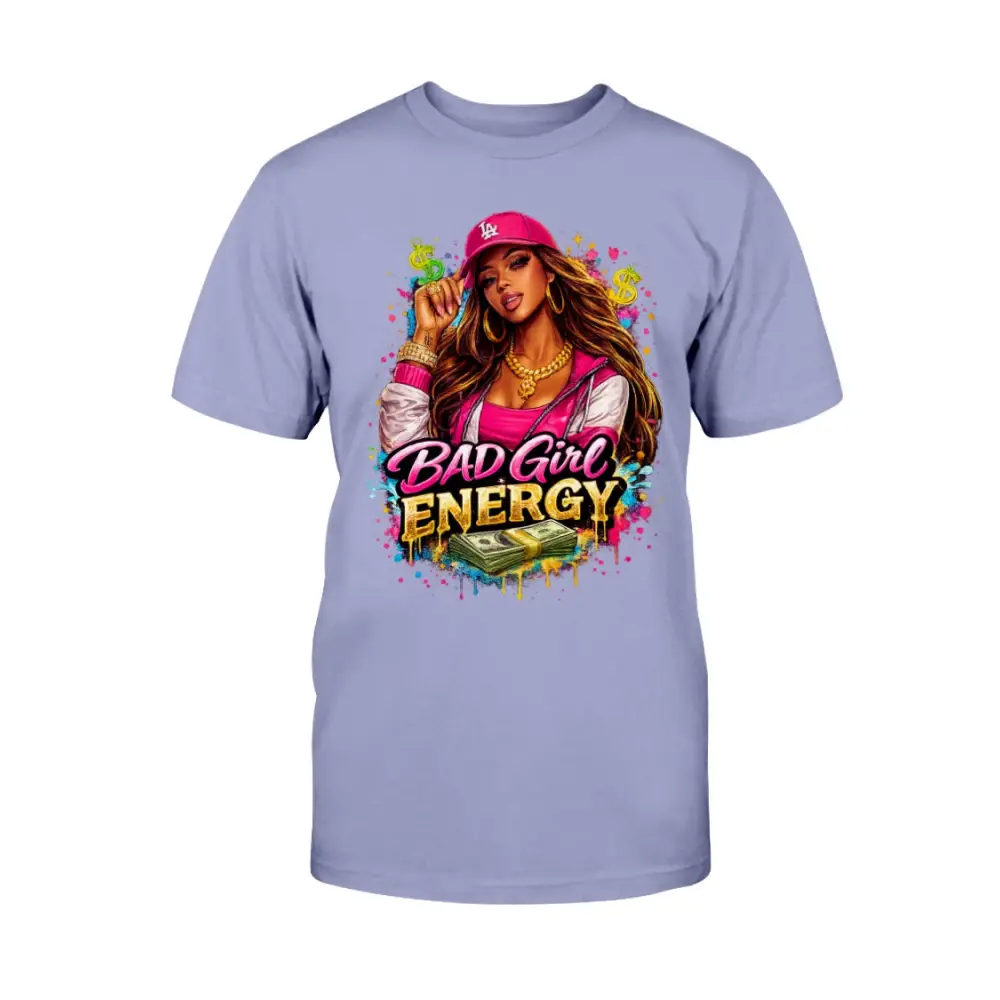 Bad Girl Energy graphic t-shirt with urban boss girl illustration, pink cap, gold jewelry, and cash design on lavender tee