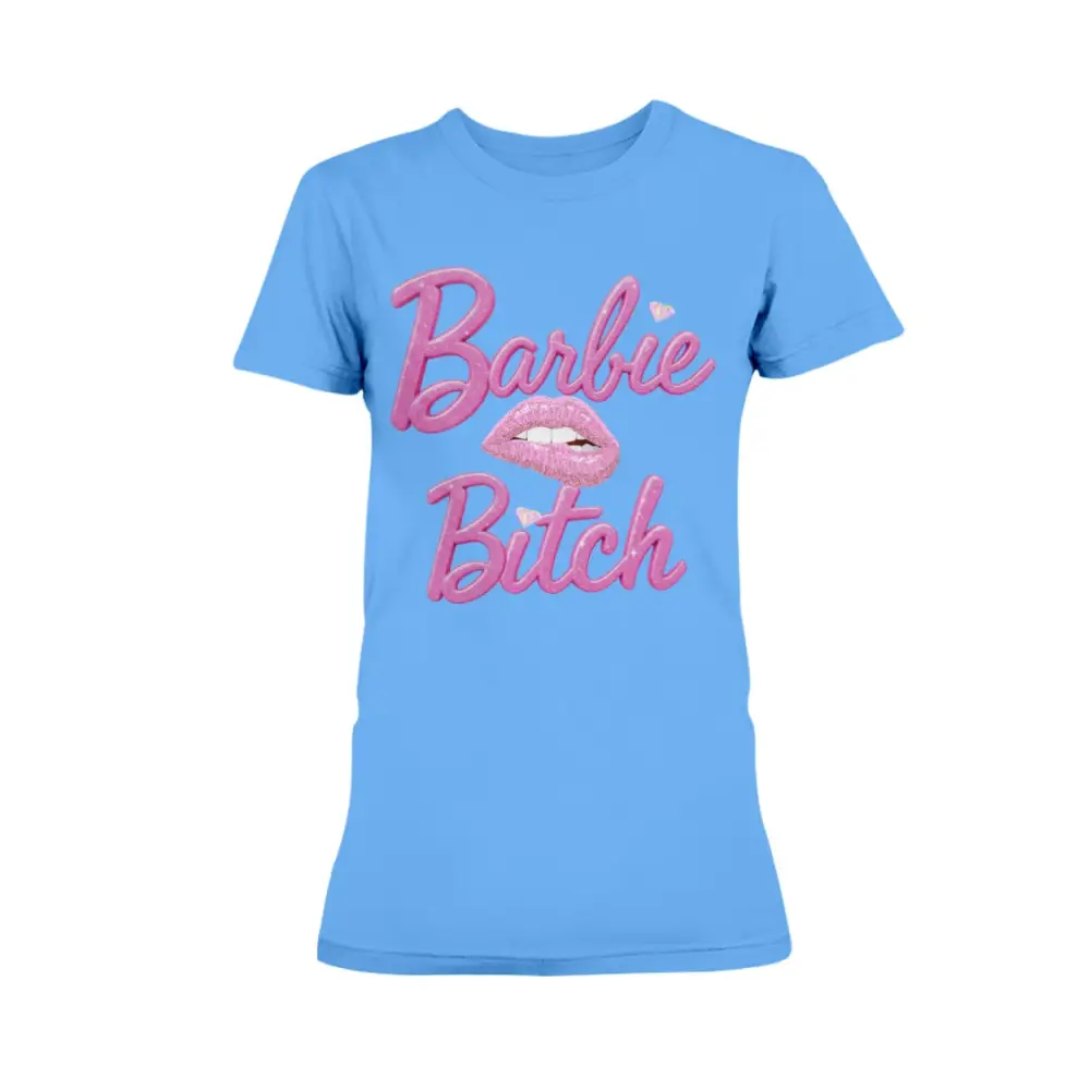 “Blue women’s t-shirt with pink glitter ‘Barbie Bitch’ graphic and sparkly lips design.”