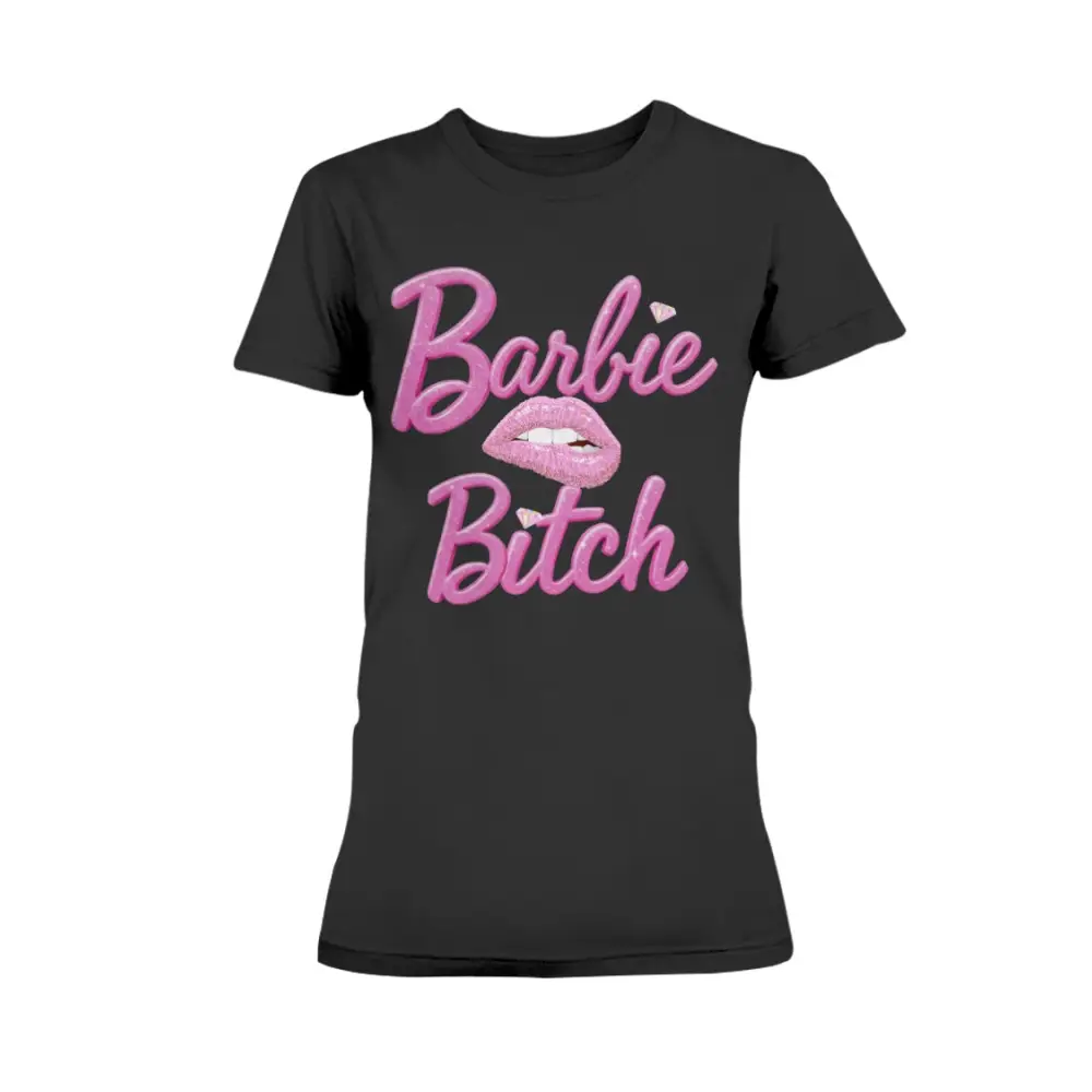 “Black women’s t-shirt with pink glitter ‘Barbie Bitch’ graphic and sparkly lips design.”