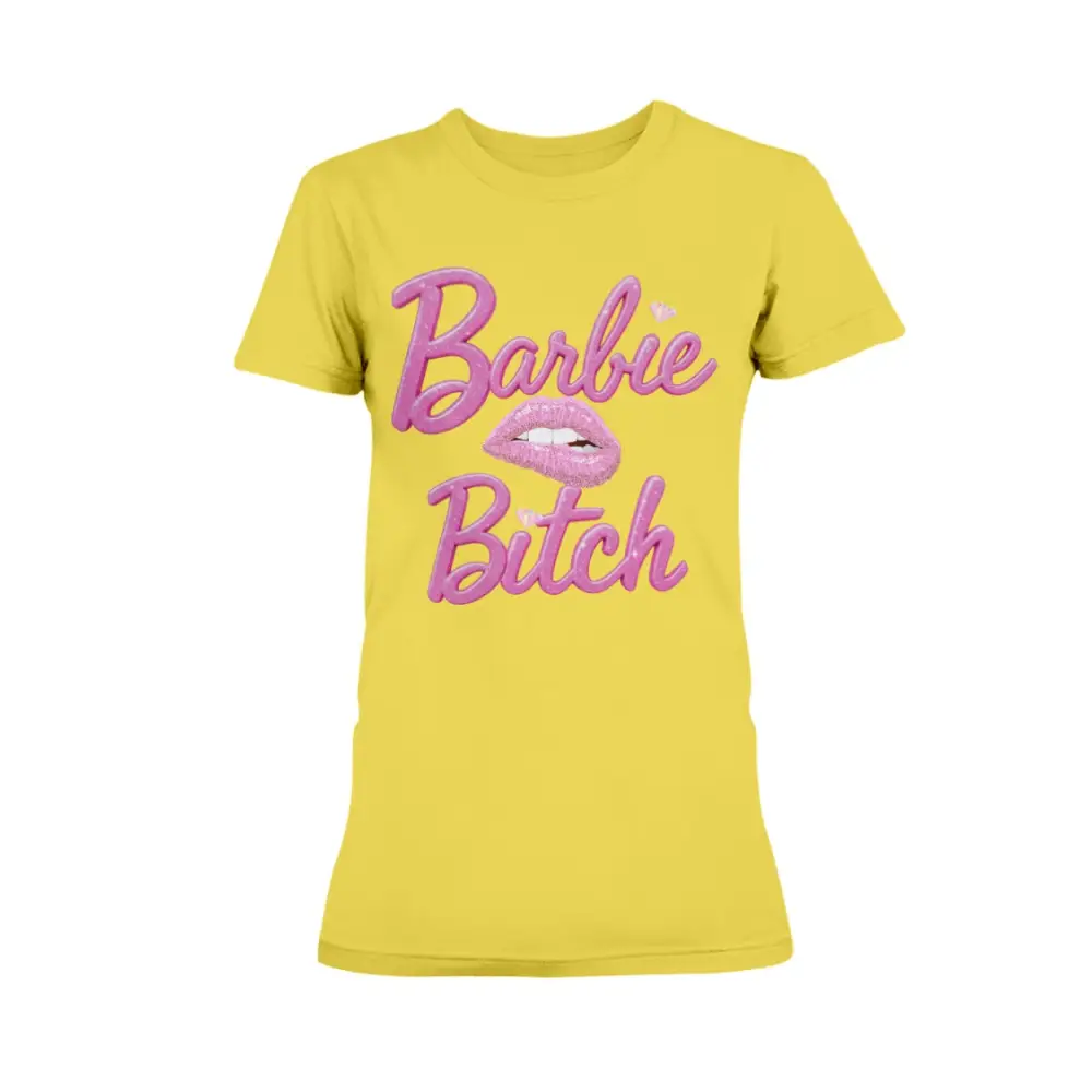 “Yellow women’s t-shirt with pink glitter ‘Barbie Bitch’ graphic and sparkly lips design.”