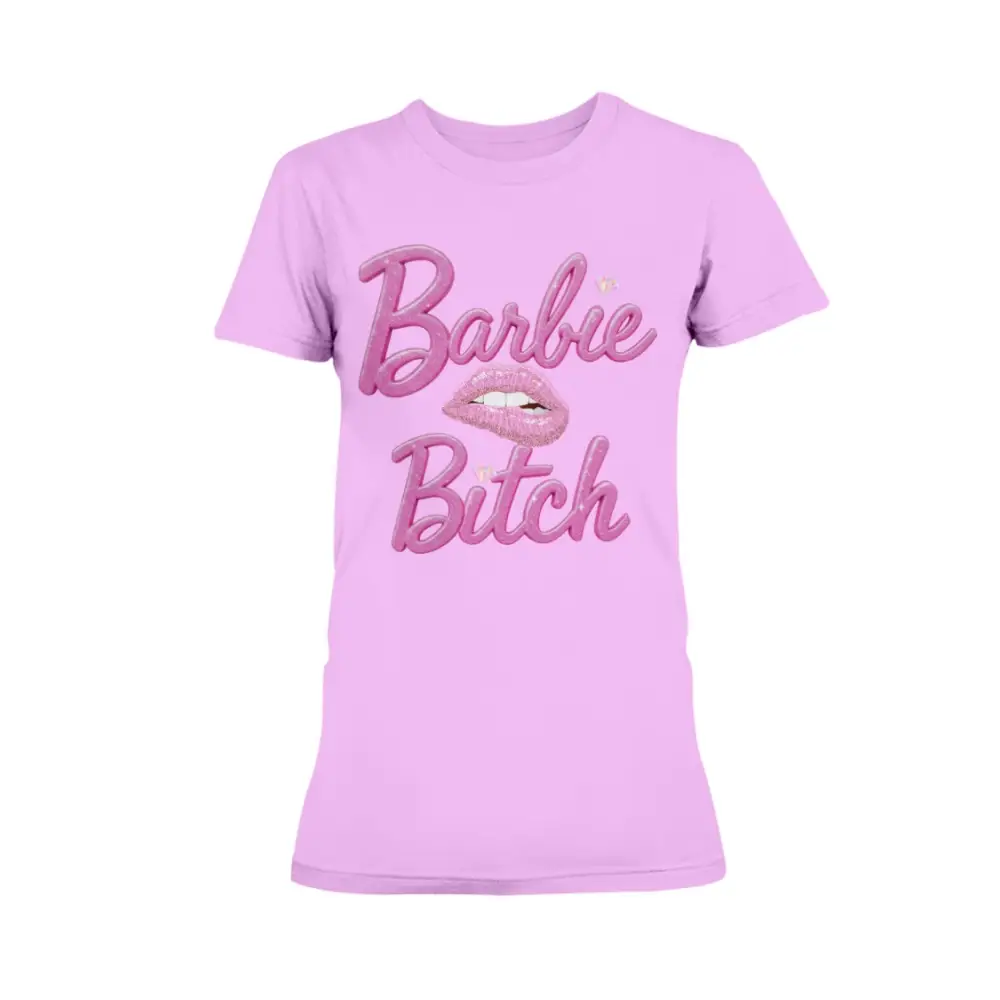 “Pink women’s t-shirt with pink glitter ‘Barbie Bitch’ graphic and sparkly lips design.”