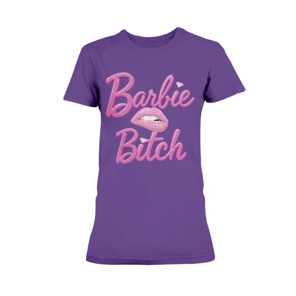 “Purple women’s t-shirt with pink glitter ‘Barbie Bitch’ graphic and sparkly lips design.”