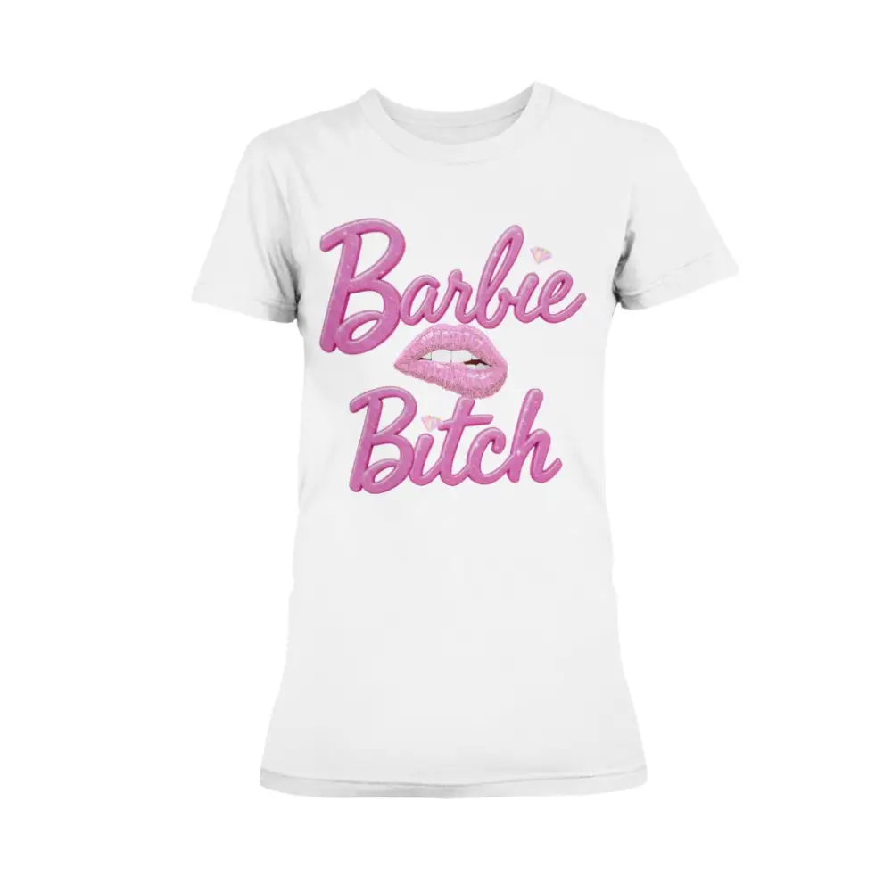 “White women’s t-shirt with pink glitter ‘Barbie Bitch’ graphic and sparkly lips design.”