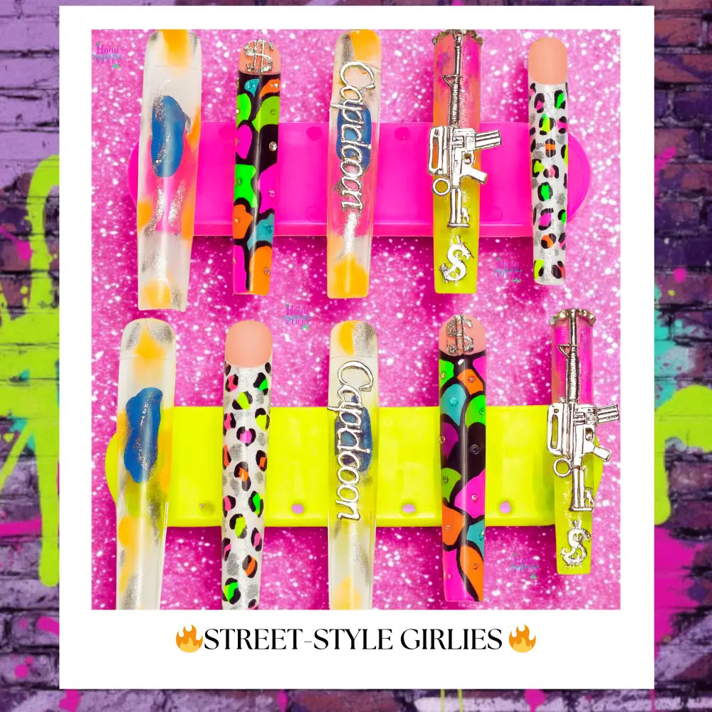 long square shaped xxl press on nails. Leopard print, ui charm, clear and abstract designs