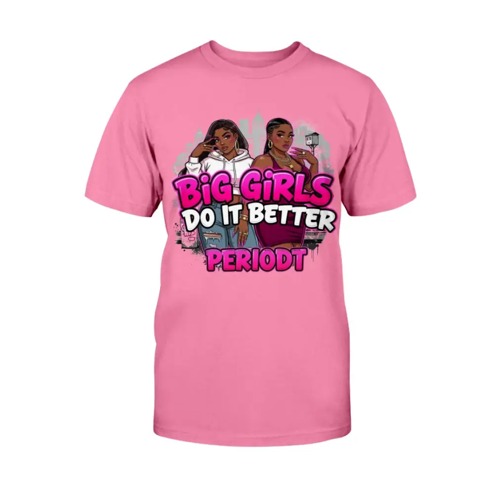 Pink t-shirt with graphic design and text on a white background