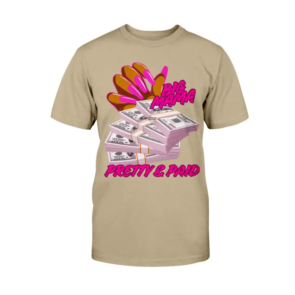 Women’s Pretty & Paid graphic tee beige shirt with cash bundle design boss energy streetwear fashion by Hood Vibez Pretty Bitch Flock
