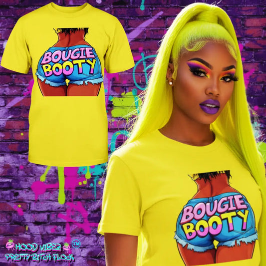 Yellow t-shirt with 'BOUGIE BOOTY' design worn by a model against a colorful graffiti background.