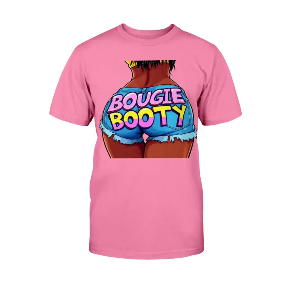 Pink t-shirt with graphic of a butt and 'Bougie Booty' text on a white background