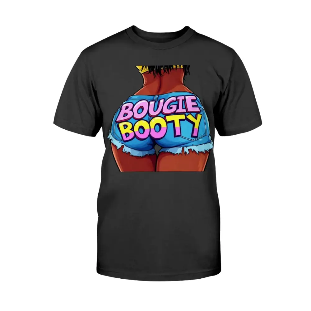 Black t-shirt with colorful graphic design on a white background